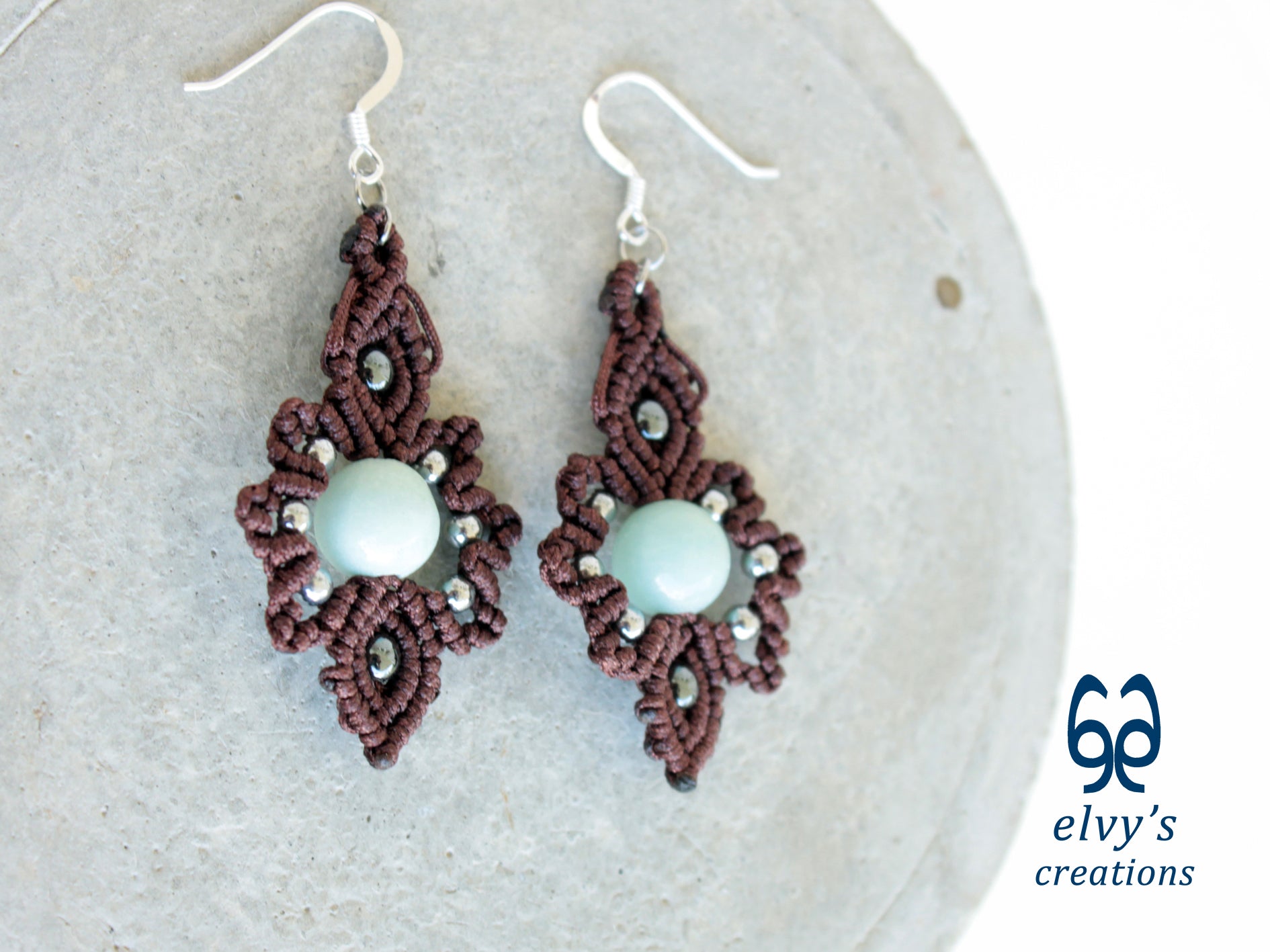 Handmade Brown Macrame Earrings with Chalcedony Gemstones
