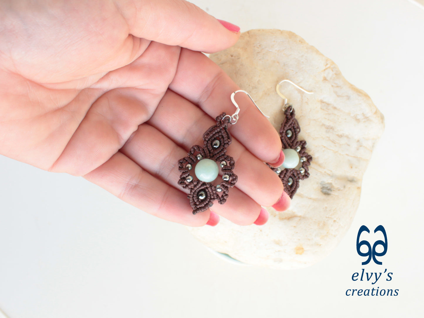 Handmade Brown Macrame Earrings with Chalcedony Gemstones