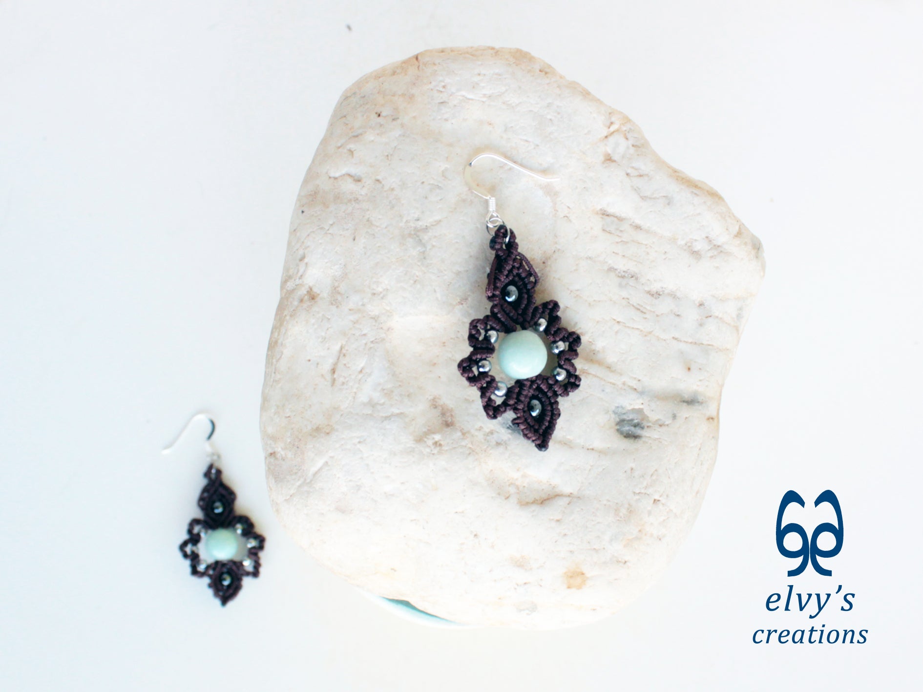 Handmade Brown Macrame Earrings with Chalcedony Gemstones