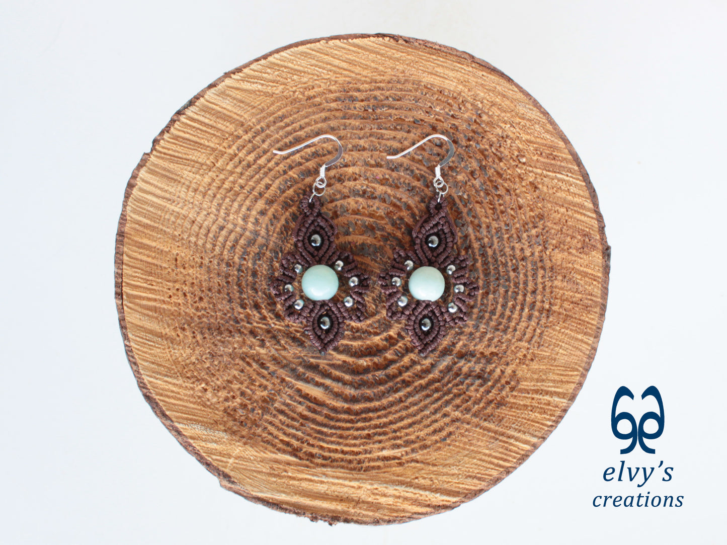 Handmade Brown Macrame Earrings with Chalcedony Gemstones