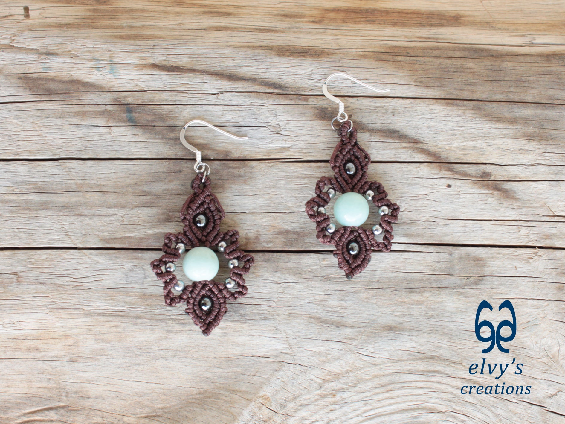 Handmade Brown Macrame Earrings with Chalcedony Gemstones
