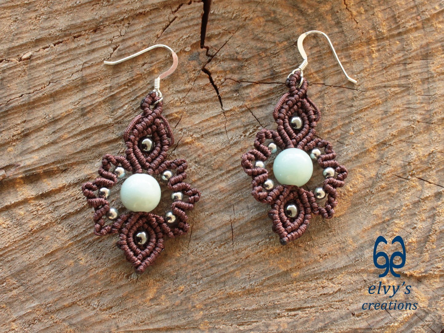 Handmade Brown Macrame Earrings with Chalcedony Gemstones