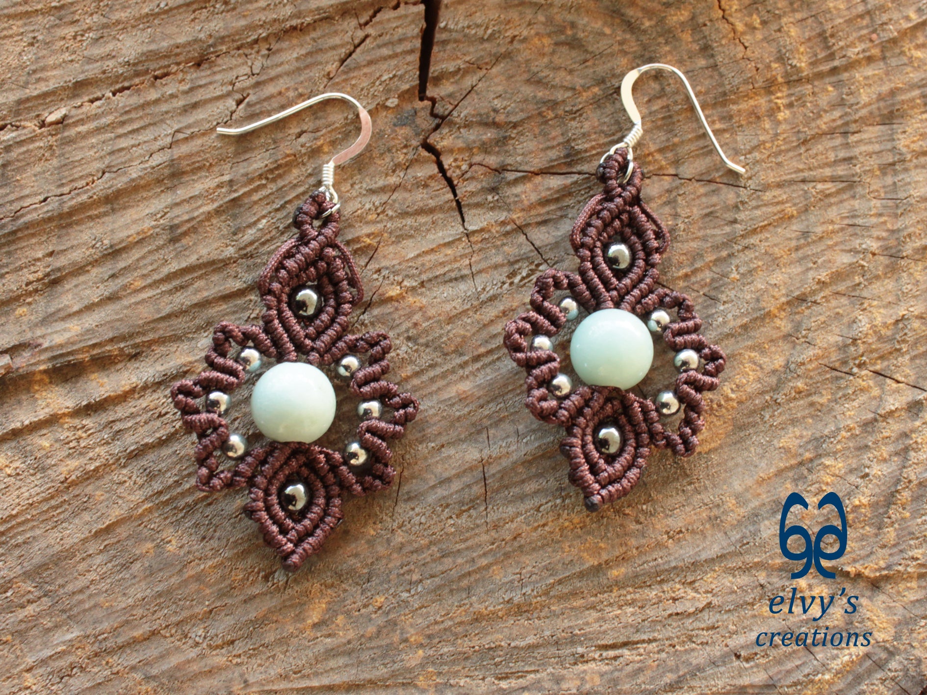 Handmade Brown Macrame Earrings with Chalcedony Gemstones