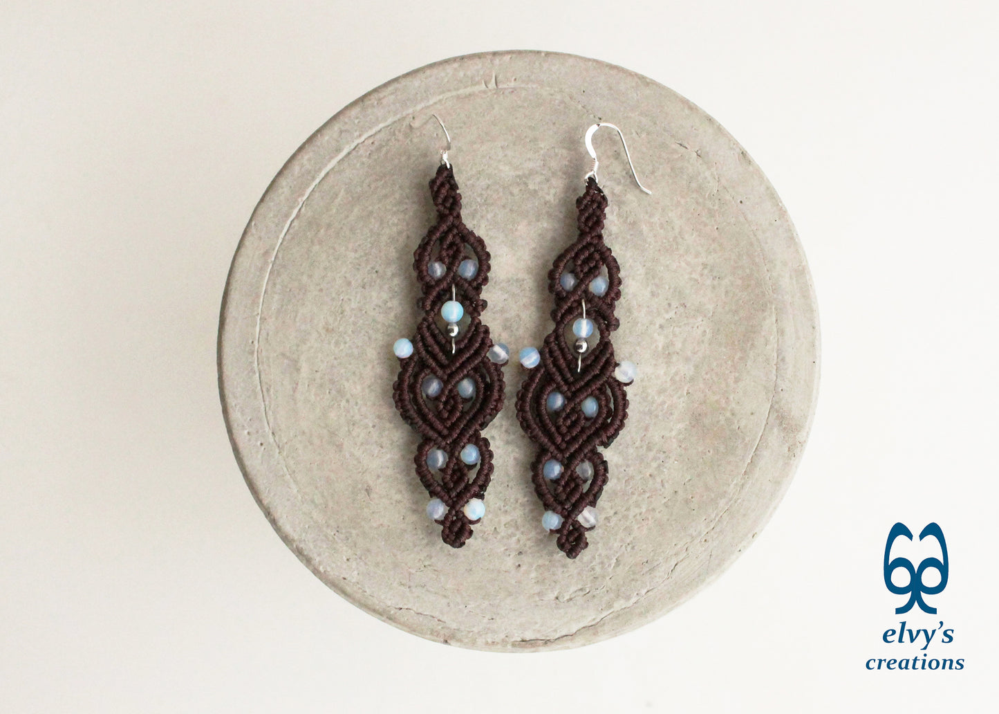 Brown Macrame Earrings with Moonstones Brown Lace Rainbow Moonstone Gemstones Boho Macrame Earrings 