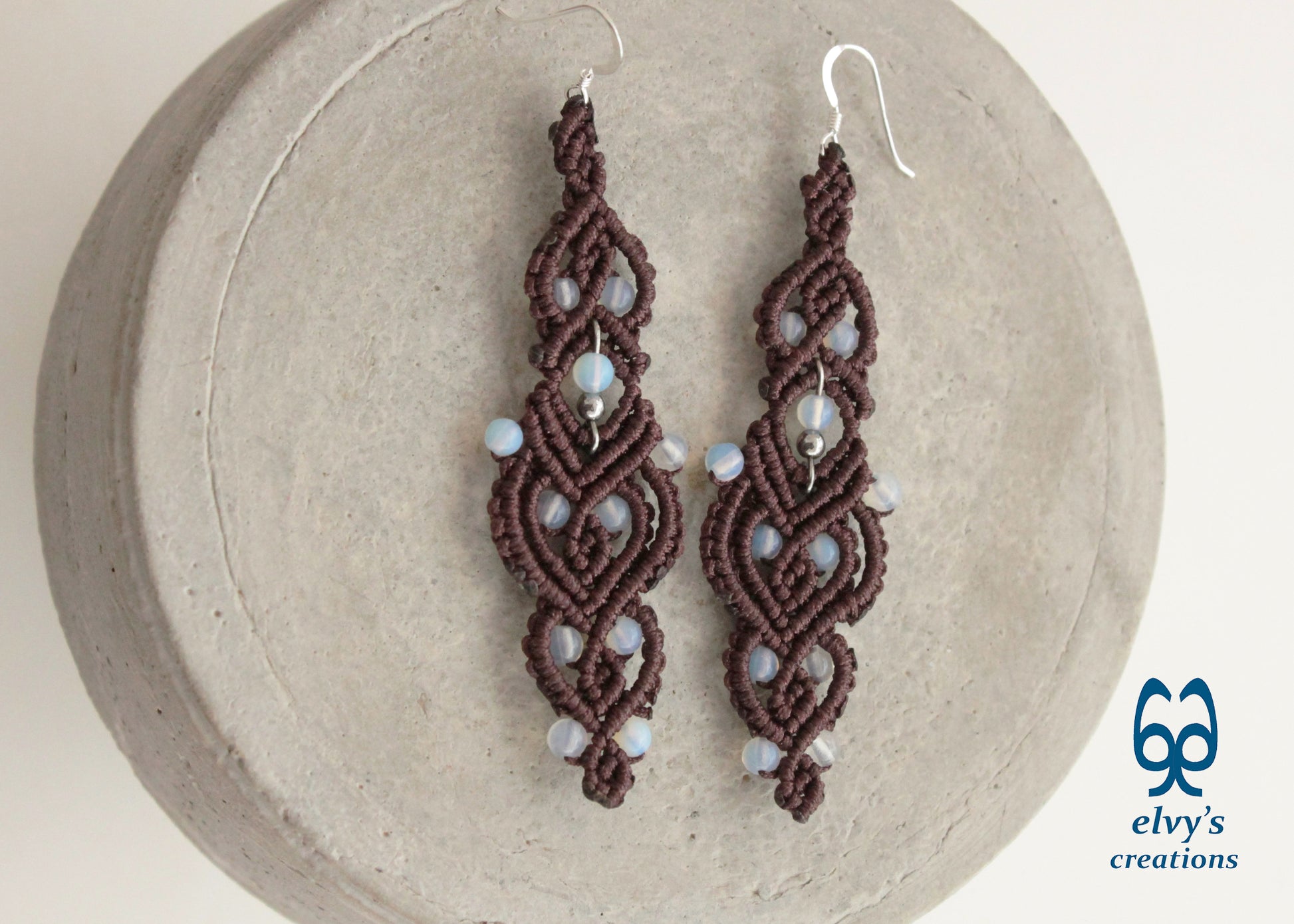 Brown Macrame Earrings with Moonstones Brown Lace Rainbow Moonstone Gemstones Boho Macrame Earrings 