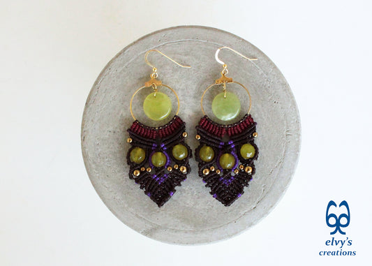 Brown Macrame Earrings with Jade Gemstones Green Dangle Hoop Earrings