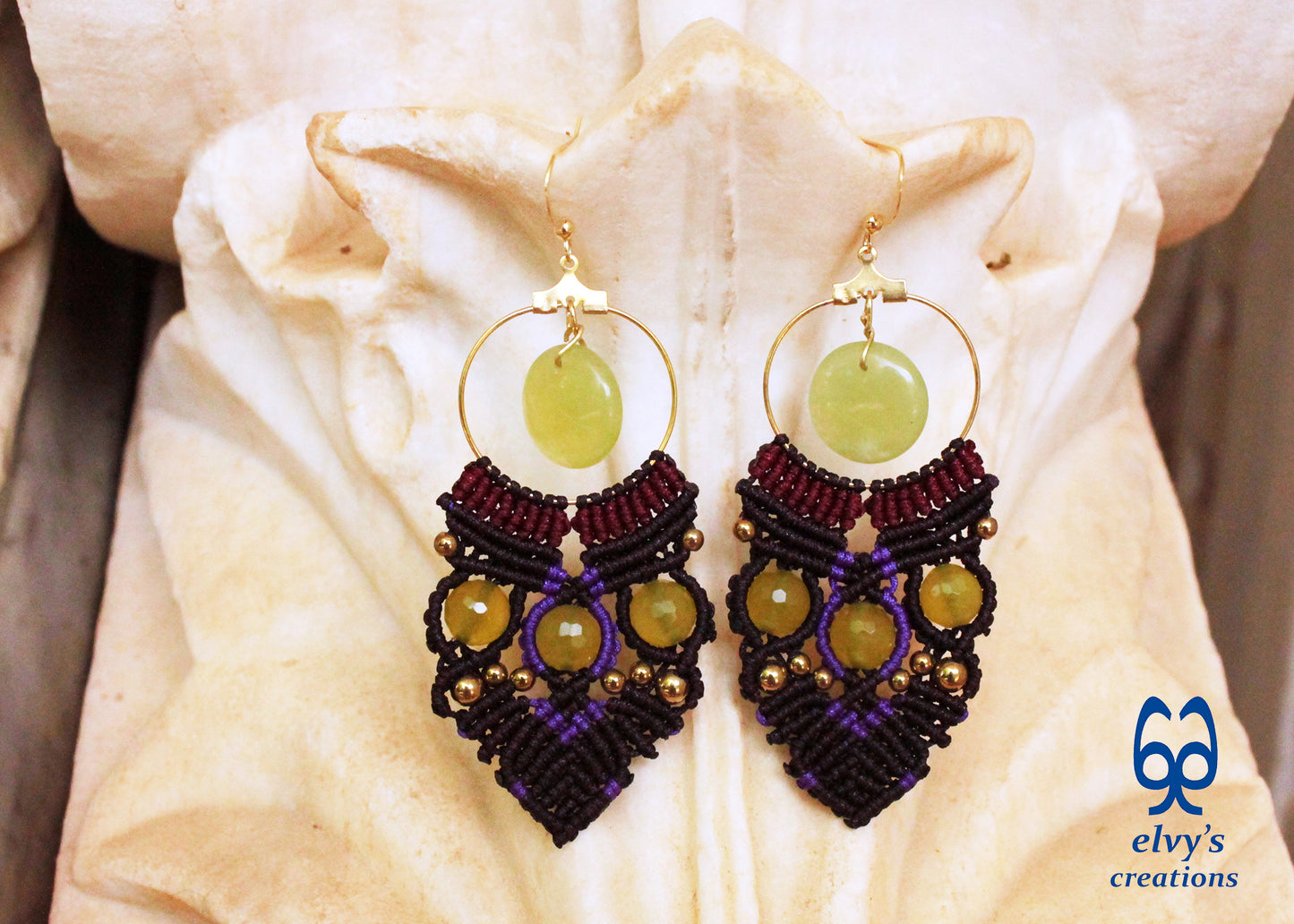 Brown Macrame Earrings with Jade Gemstones Green Dangle Hoop Earrings