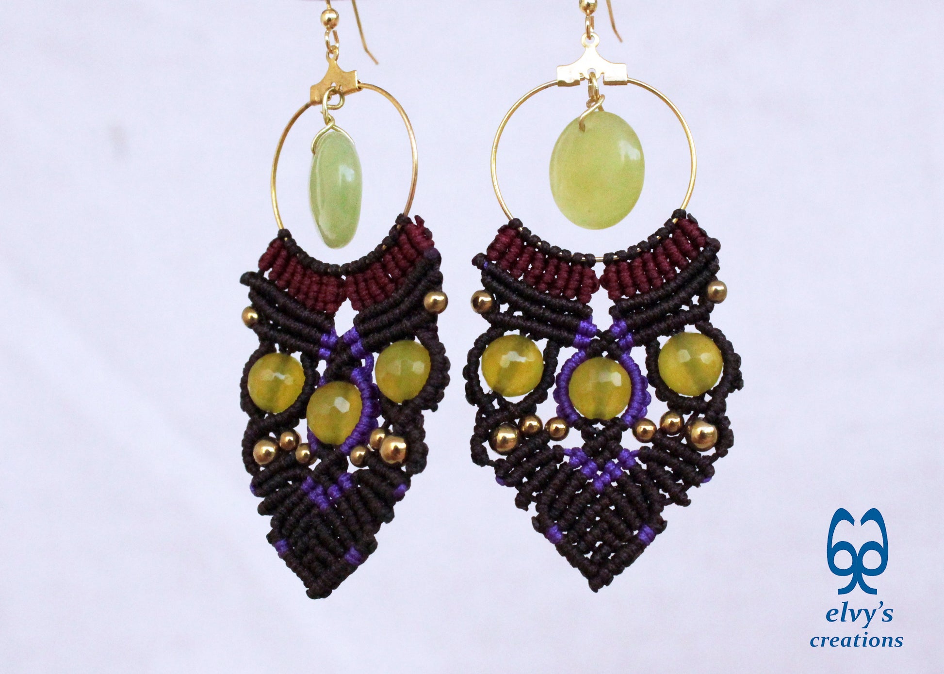 Brown Macrame Earrings with Jade Gemstones Green Dangle Hoop Earrings