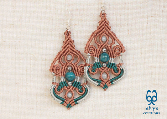 Brown Macramé Silver Earrings with Apatite and Aquamarine Gemstones Long Macramé Earrings