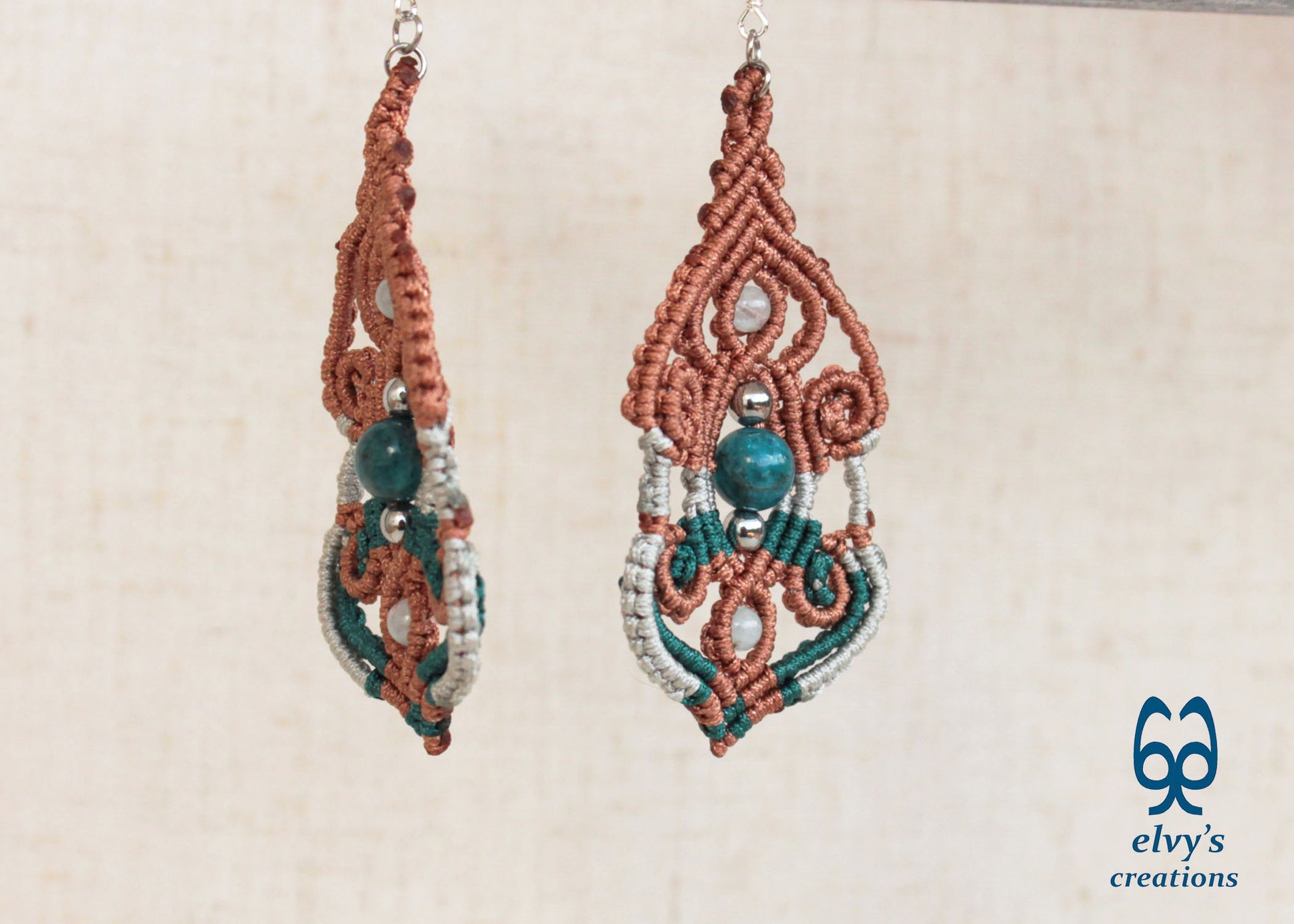 Brown Macramé Silver Earrings with Apatite and Aquamarine Gemstones Long Macramé Earrings