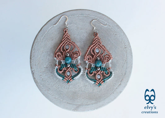 Brown Macramé Silver Earrings with Apatite and Aquamarine Gemstones Long Macramé Earrings