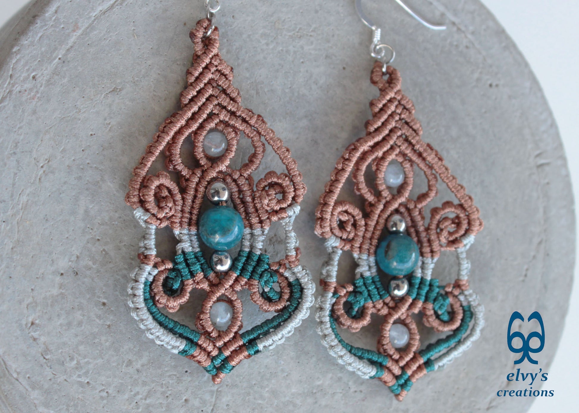 Brown Macramé Silver Earrings with Apatite and Aquamarine Gemstones Long Macramé Earrings