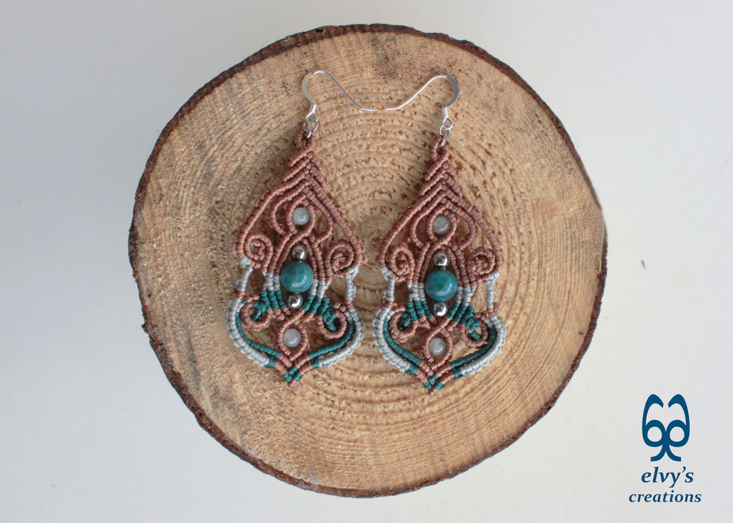 Brown Macramé Silver Earrings with Apatite and Aquamarine Gemstones Long Macramé Earrings