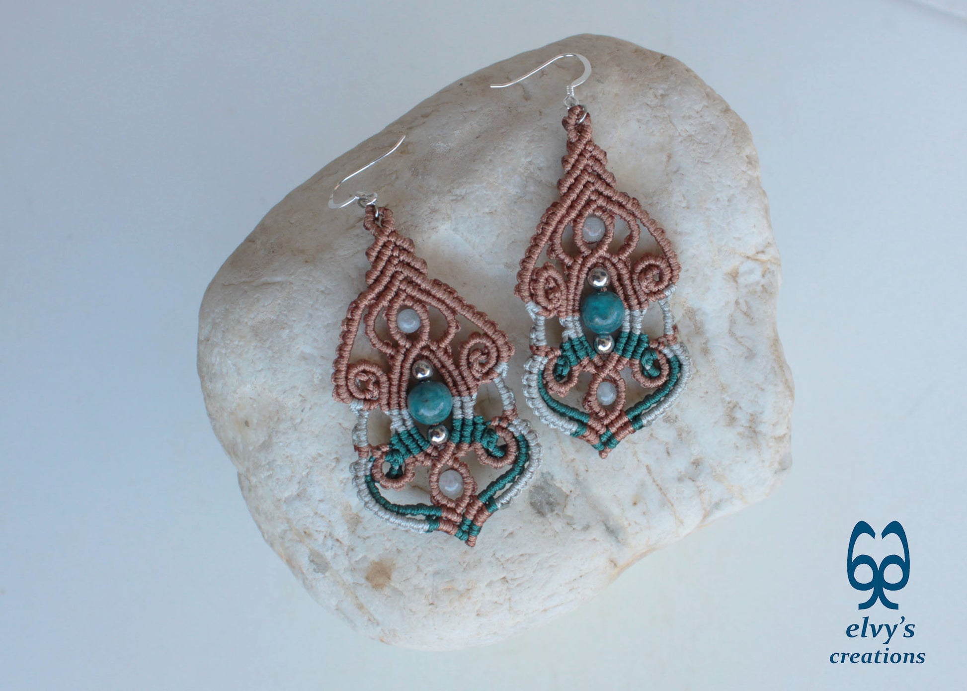 Brown Macramé Silver Earrings with Apatite and Aquamarine Gemstones Long Macramé Earrings