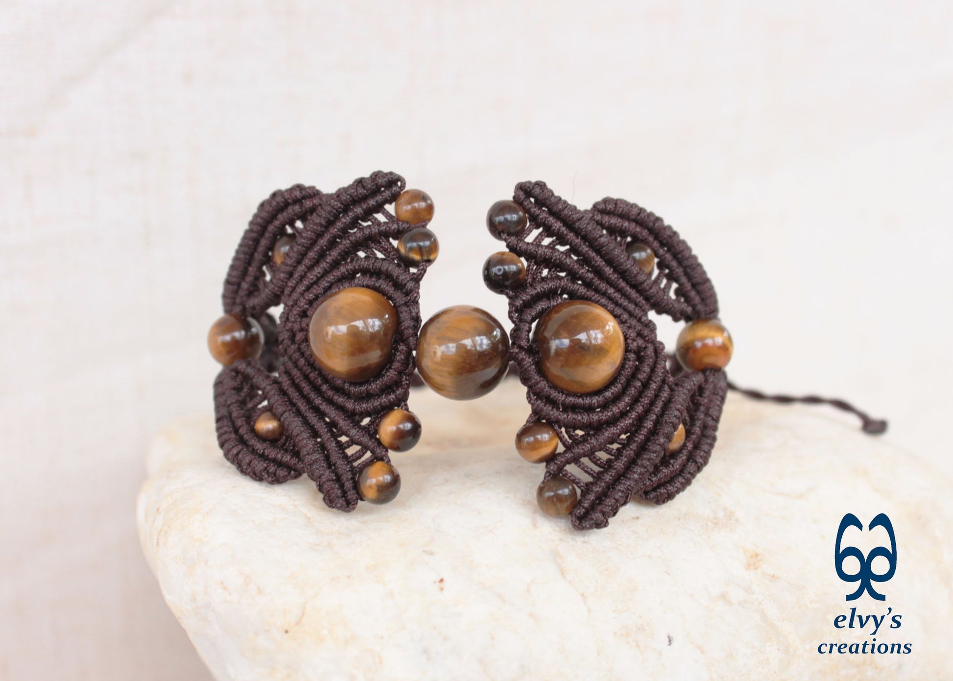 Brown Macrame Bracelet Tiger Eye Gemstones Adjustable Lace Bracelet Birthday Gift for Women