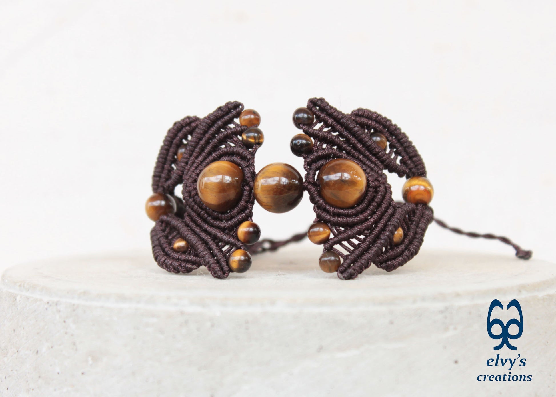 Brown Macrame Bracelet Tiger Eye Gemstones Adjustable Lace Bracelet Birthday Gift for Women