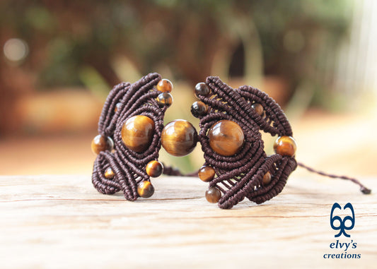 Brown Macrame Bracelet Tiger Eye Gemstones Adjustable Lace Bracelet Birthday Gift for Women