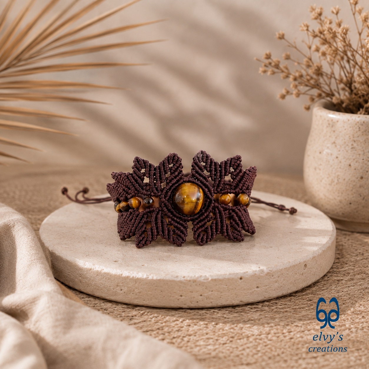 Brown Macrame Bracelet Tiger Eye Gemstones Adjustable Flower Bracelet Birthday Gift for Women