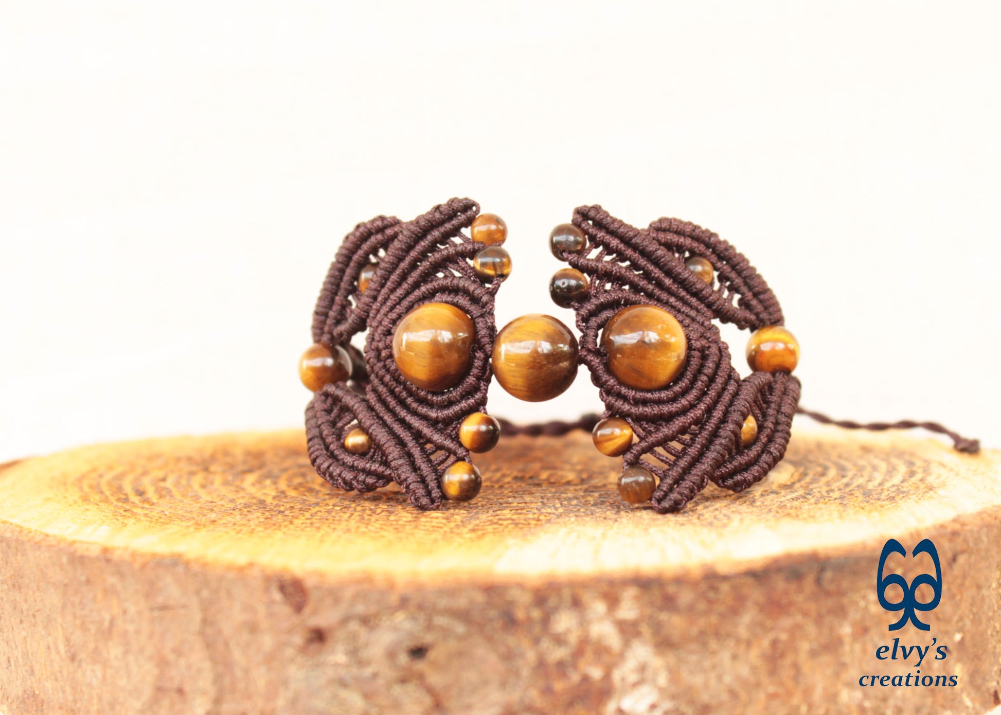 Brown Macrame Bracelet Tiger Eye Gemstones Adjustable Lace Bracelet Birthday Gift for Women