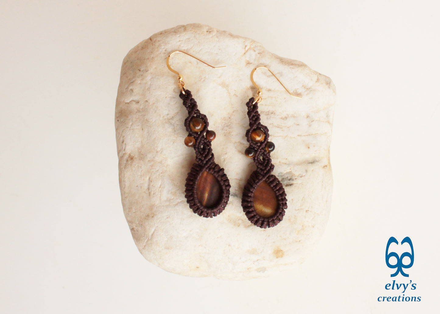 Handmade Brown Macrame Earrings with Long Dangle Tiger Eye Gemstones