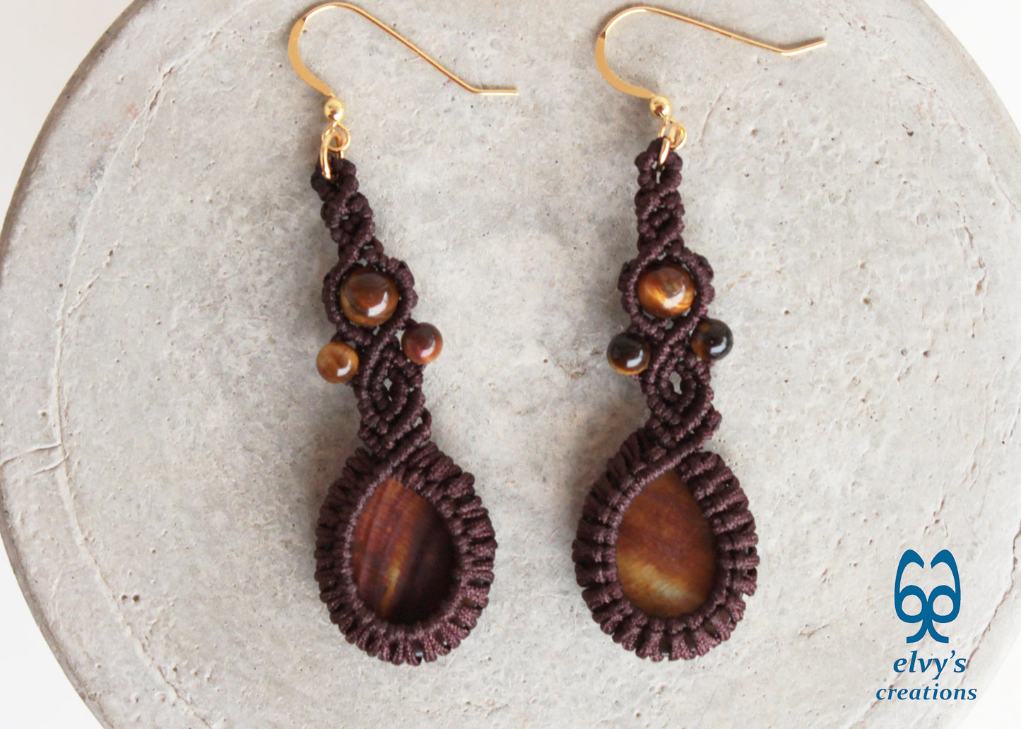 Handmade Brown Macrame Earrings with Long Dangle Tiger Eye Gemstones