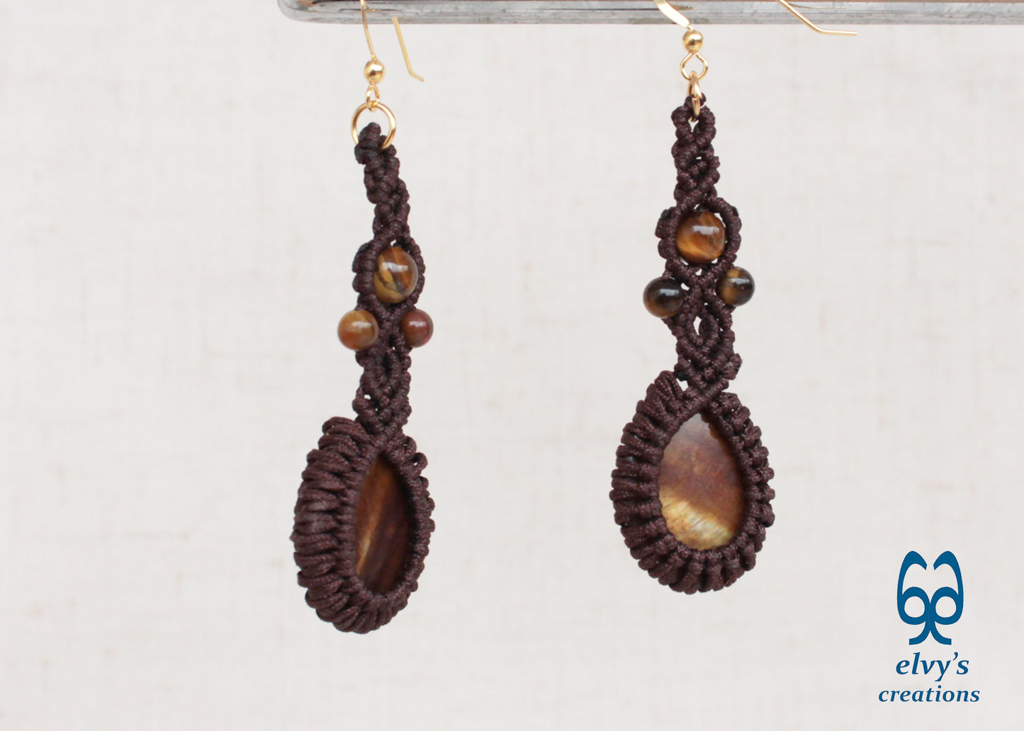 Handmade Brown Macrame Earrings with Long Dangle Tiger Eye Gemstones