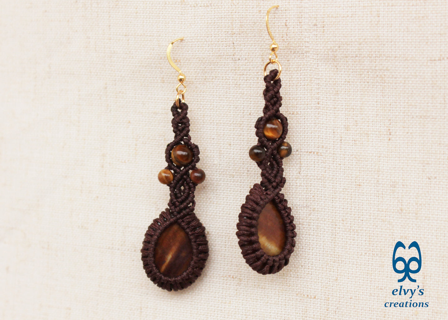 Handmade Brown Macrame Earrings with Long Dangle Tiger Eye Gemstones