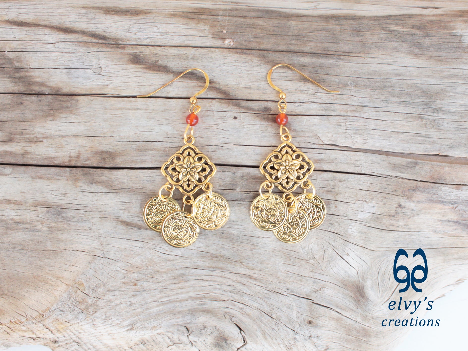 Handmade Greek Gold Traditional Earrings with Carnelian Gemstone and Flower Element