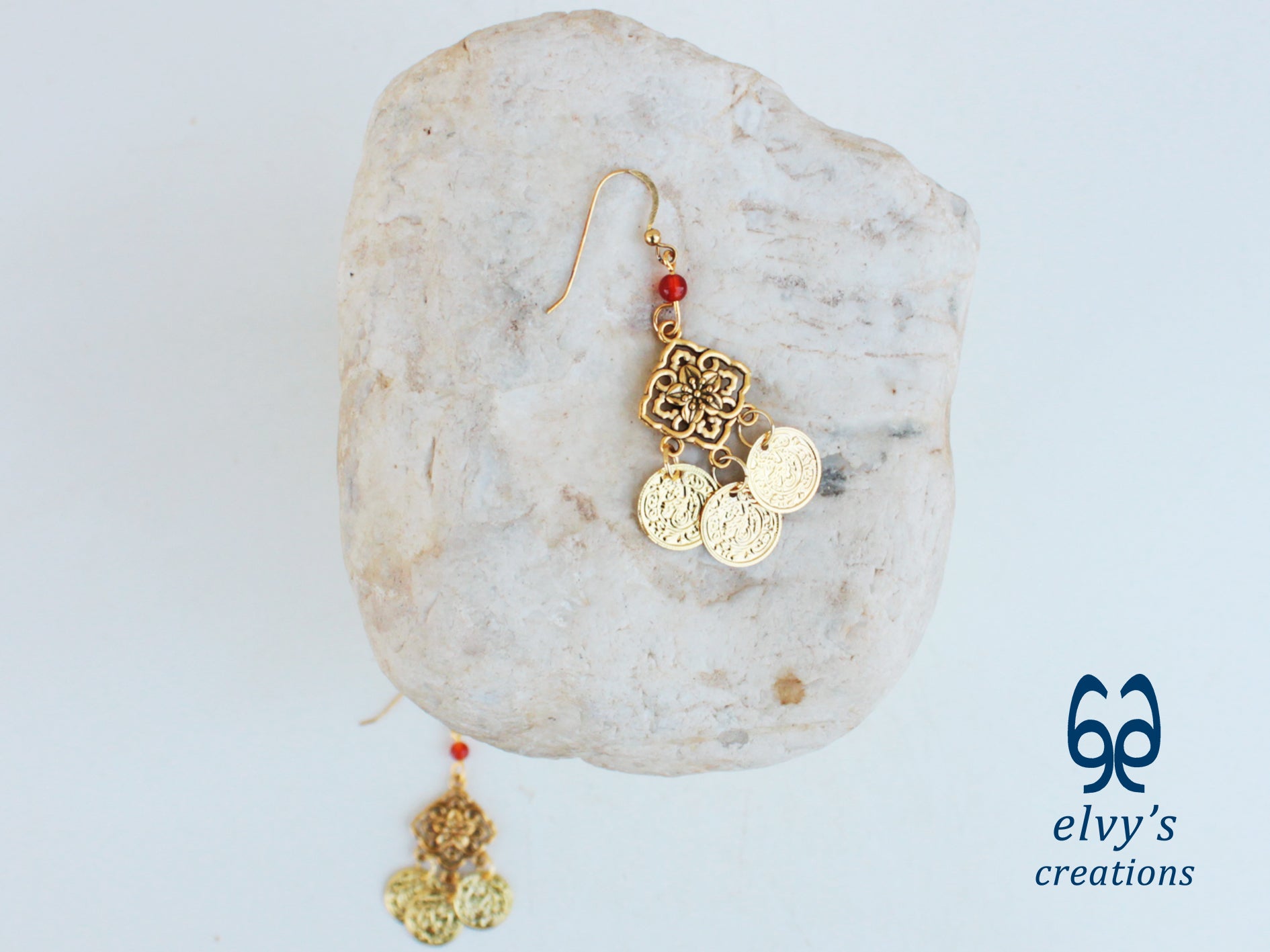Handmade Greek Gold Traditional Earrings with Carnelian Gemstone and Flower Element