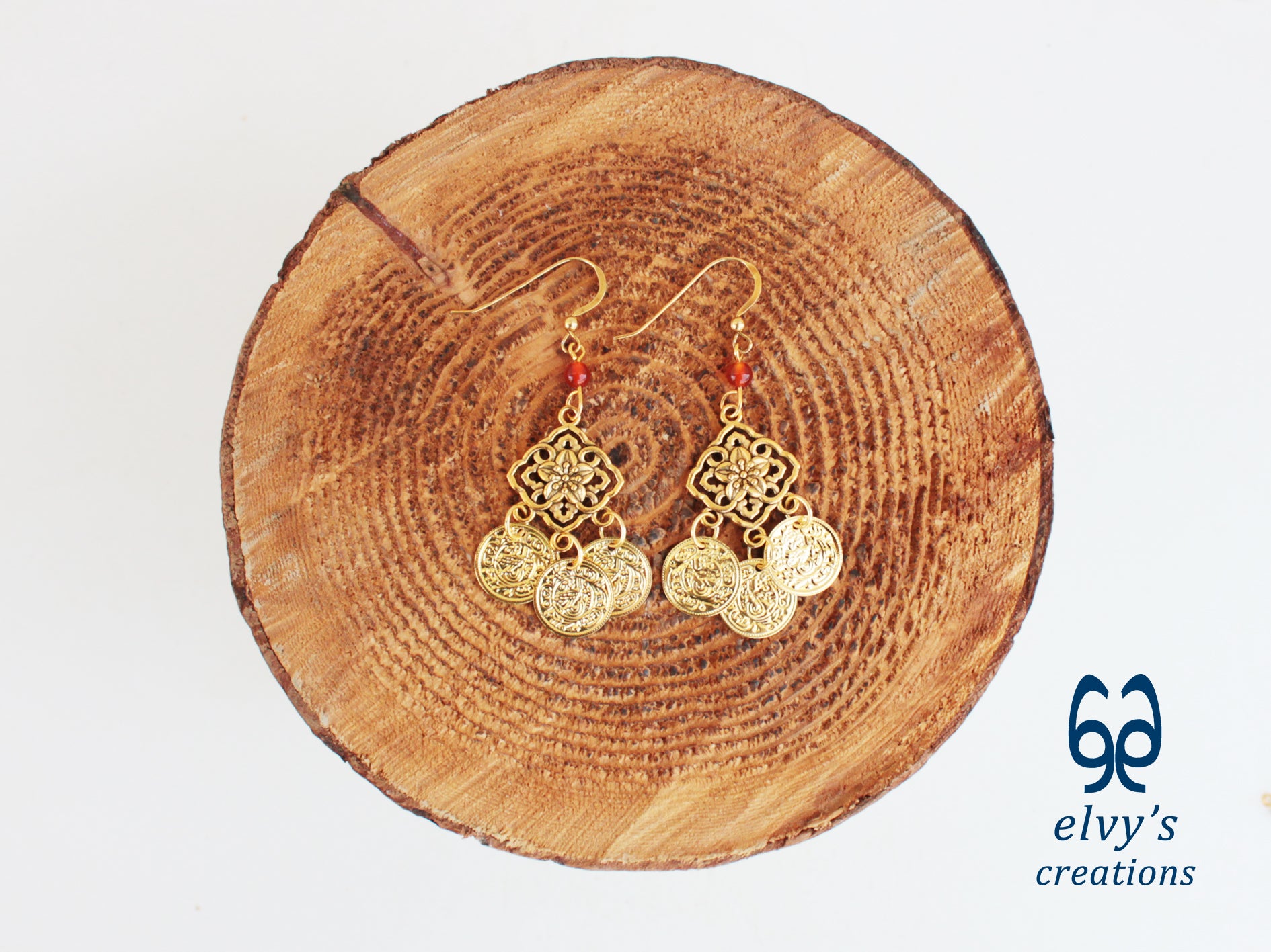 Handmade Greek Gold Traditional Earrings with Carnelian Gemstone and Flower Element