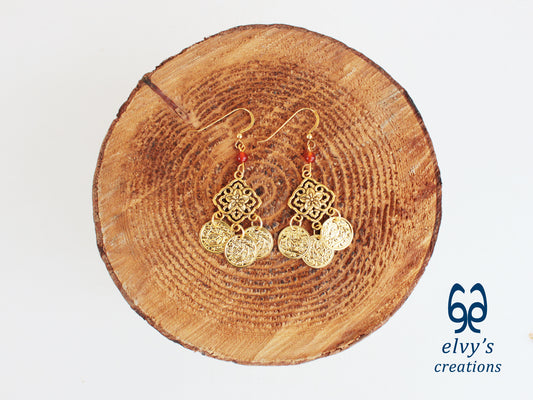 Handmade Greek Gold Traditional Earrings with Carnelian Gemstone and Flower Element