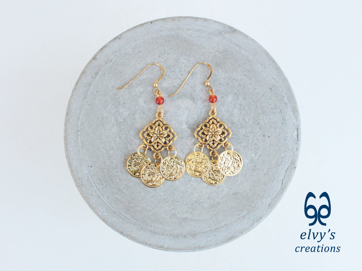 Handmade Greek Gold Traditional Earrings with Carnelian Gemstone and Flower Element