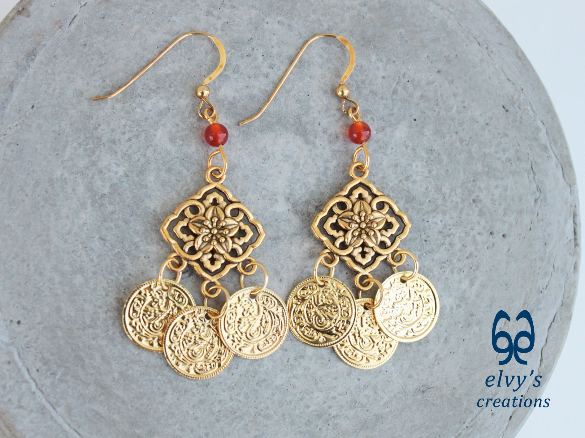 Handmade Greek Gold Traditional Earrings with Carnelian Gemstone and Flower Element