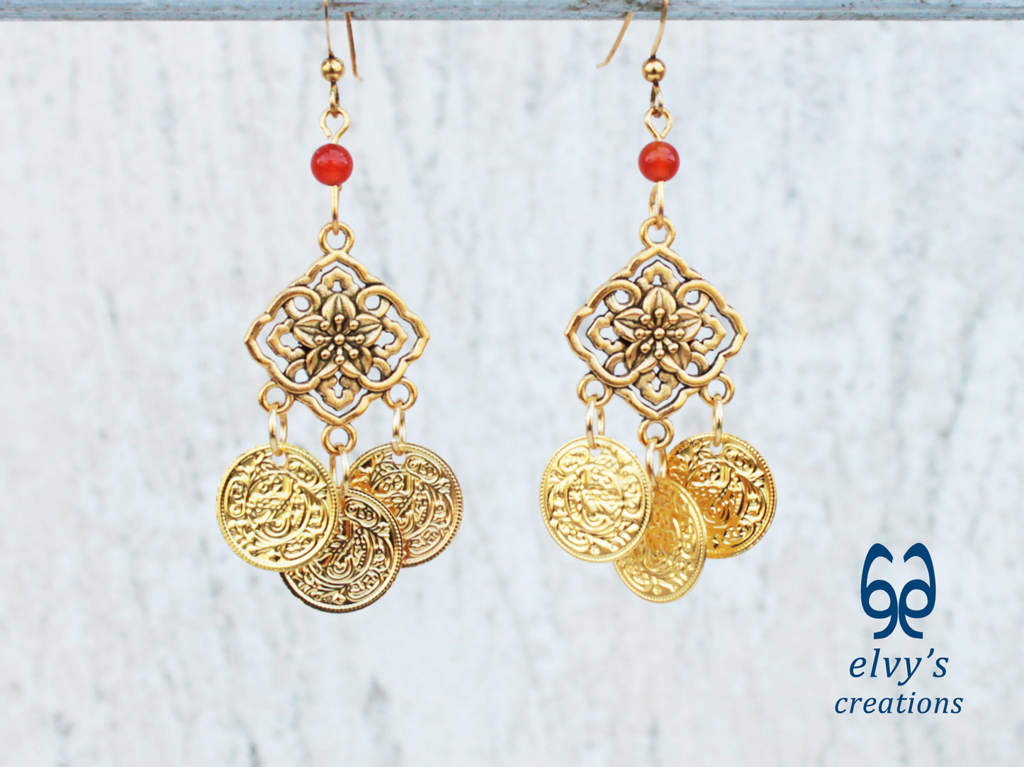 Handmade Greek Gold Traditional Earrings with Carnelian Gemstone and Flower Element