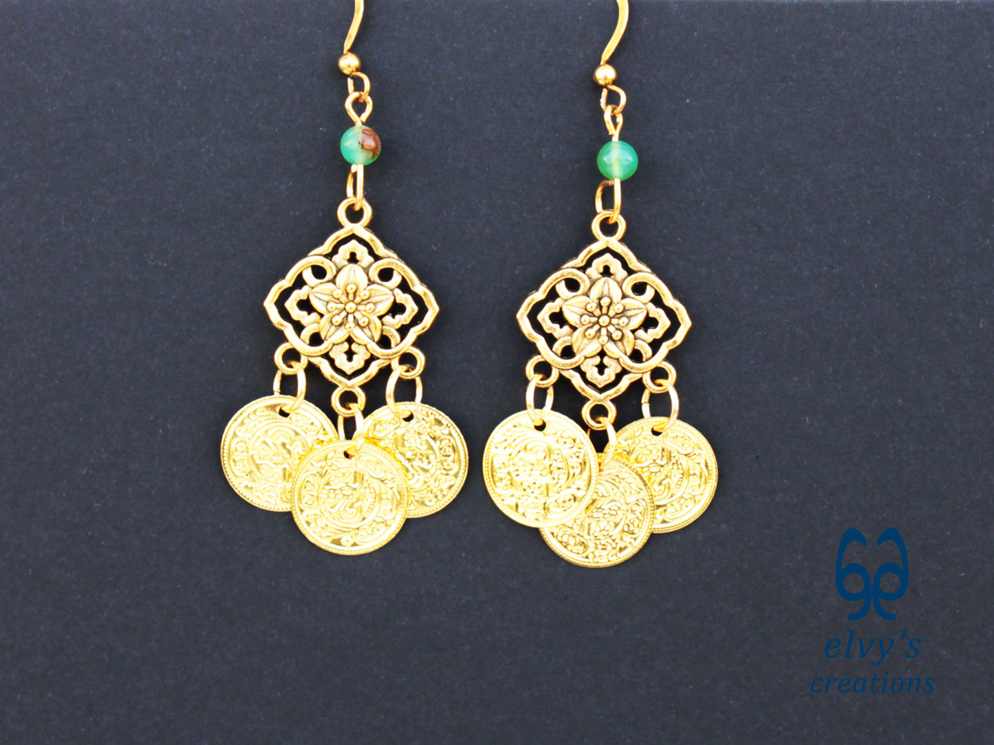 Handmade Greek Gold Traditional Earrings with Green Chrysoprase Gemstone and Flower Element