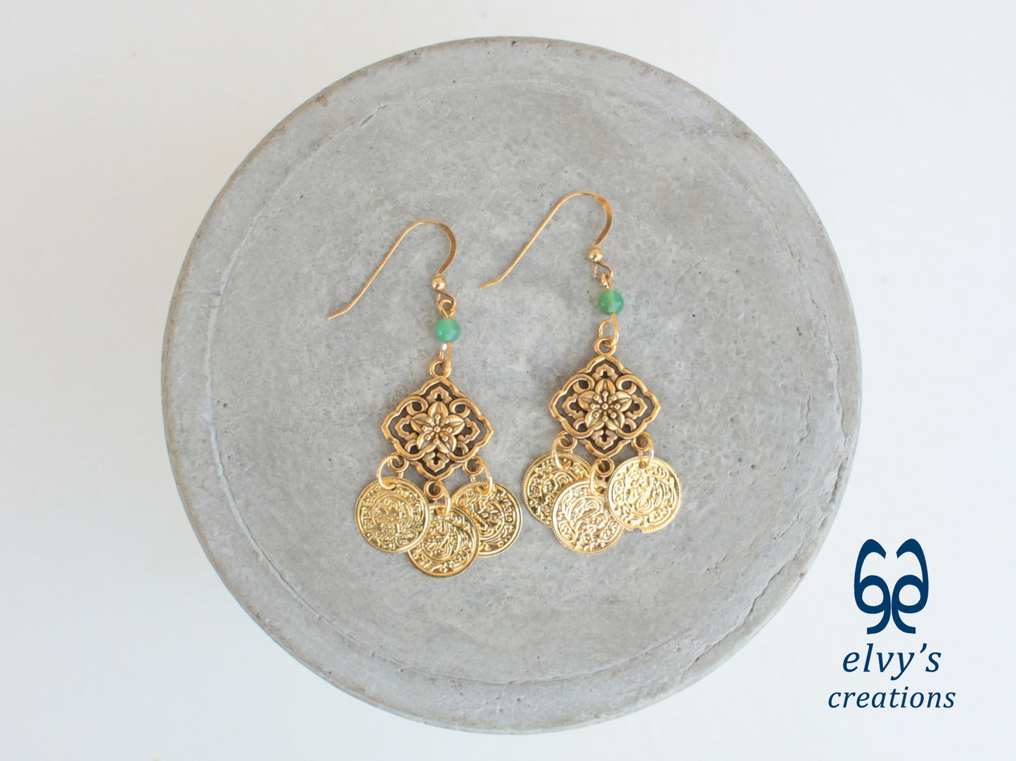 Handmade Greek Gold Traditional Earrings with Green Chrysoprase Gemstone and Flower Element