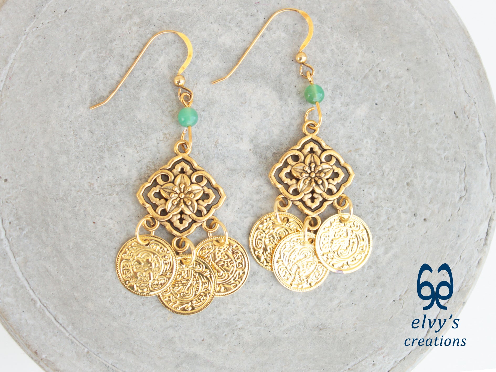 Handmade Greek Gold Traditional Earrings with Green Chrysoprase Gemstone and Flower Element