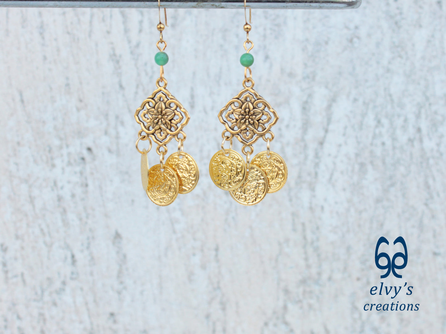 Handmade Greek Gold Traditional Earrings with Green Chrysoprase Gemstone and Flower Element