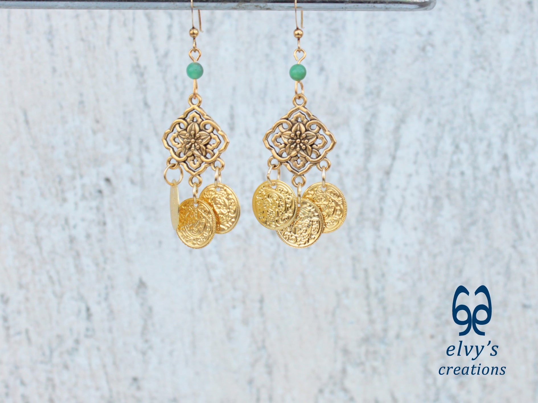 Handmade Greek Gold Traditional Earrings with Green Chrysoprase Gemstone and Flower Element