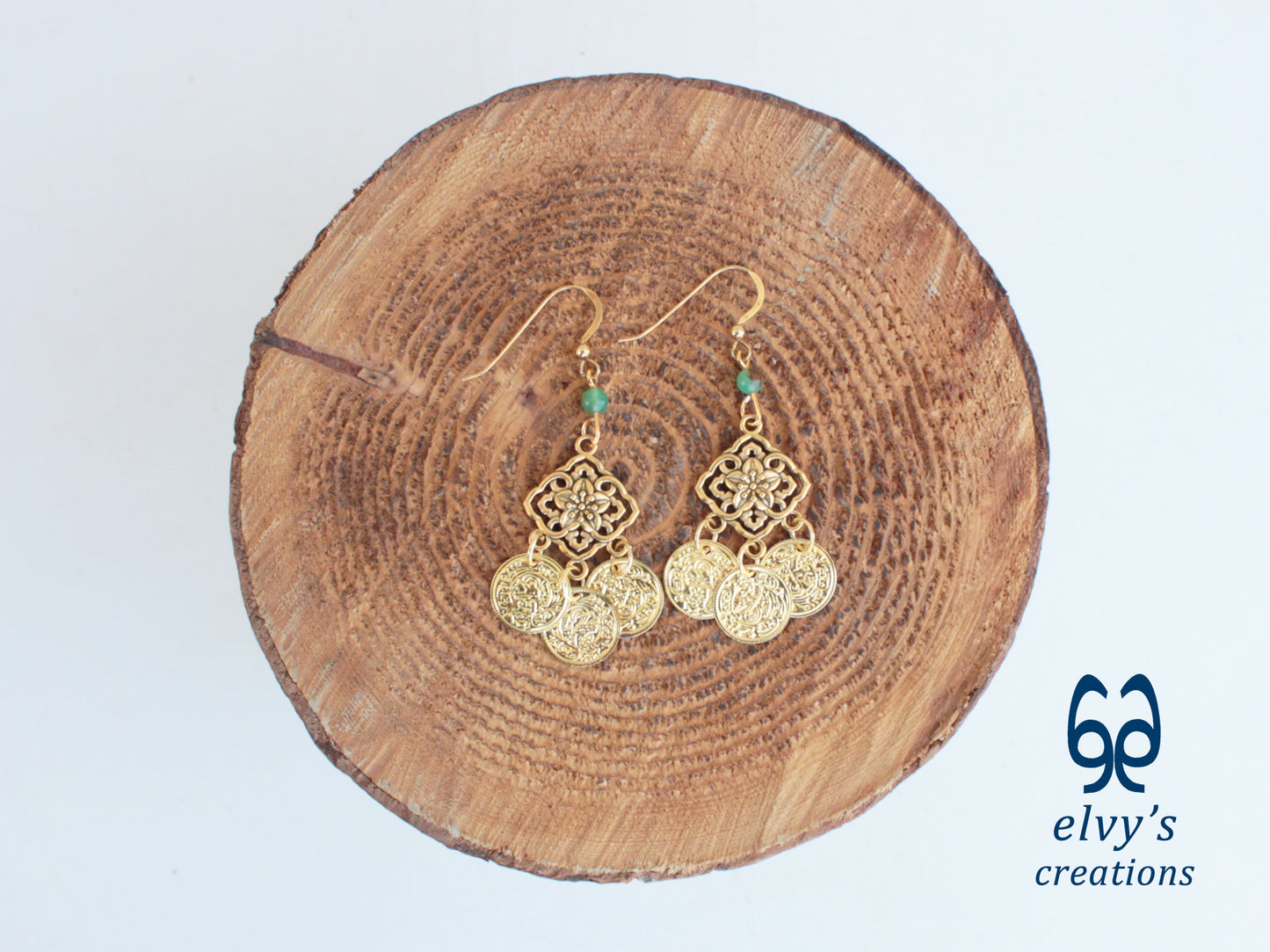 Handmade Greek Gold Traditional Earrings with Green Chrysoprase Gemstone and Flower Element