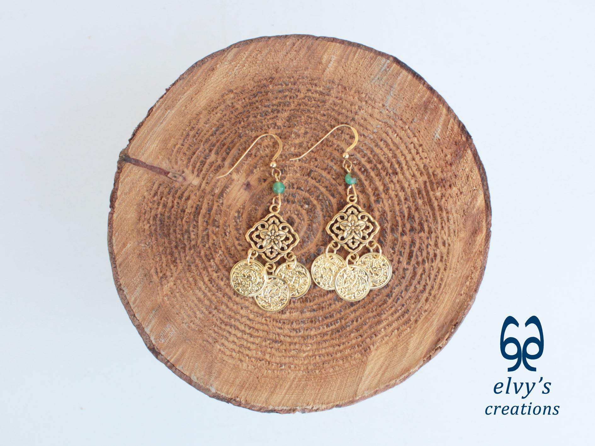 Handmade Greek Gold Traditional Earrings with Green Chrysoprase Gemstone and Flower Element