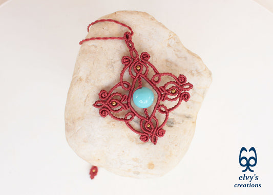 Handmade Clay Red Macramé Necklace with Blue Turquoise Gemstones