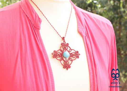 Handmade Clay Red Macramé Necklace with Blue Turquoise Gemstones