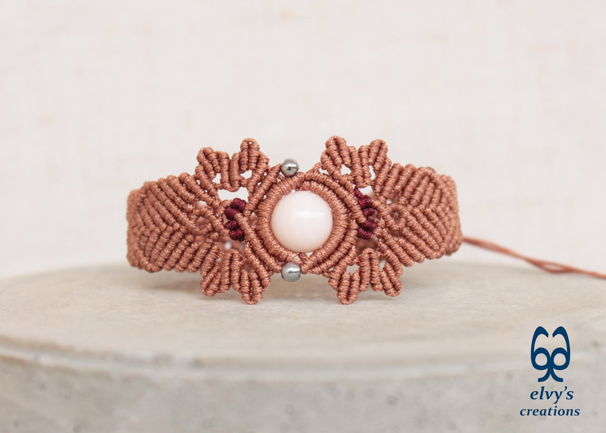 Bronze Macrame Bracelet with Pink Quartz Gemstone Adjustable Gemstone 