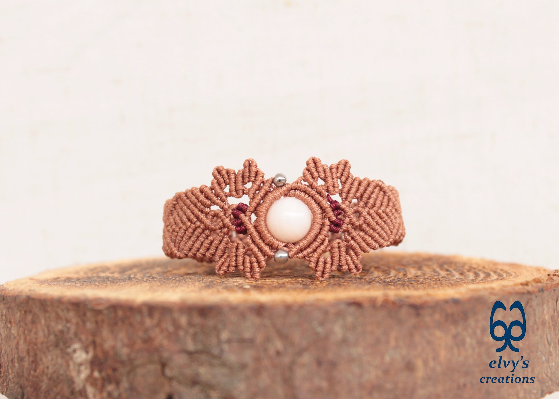 Bronze Macrame Bracelet with Pink Quartz Gemstone Adjustable Gemstone 