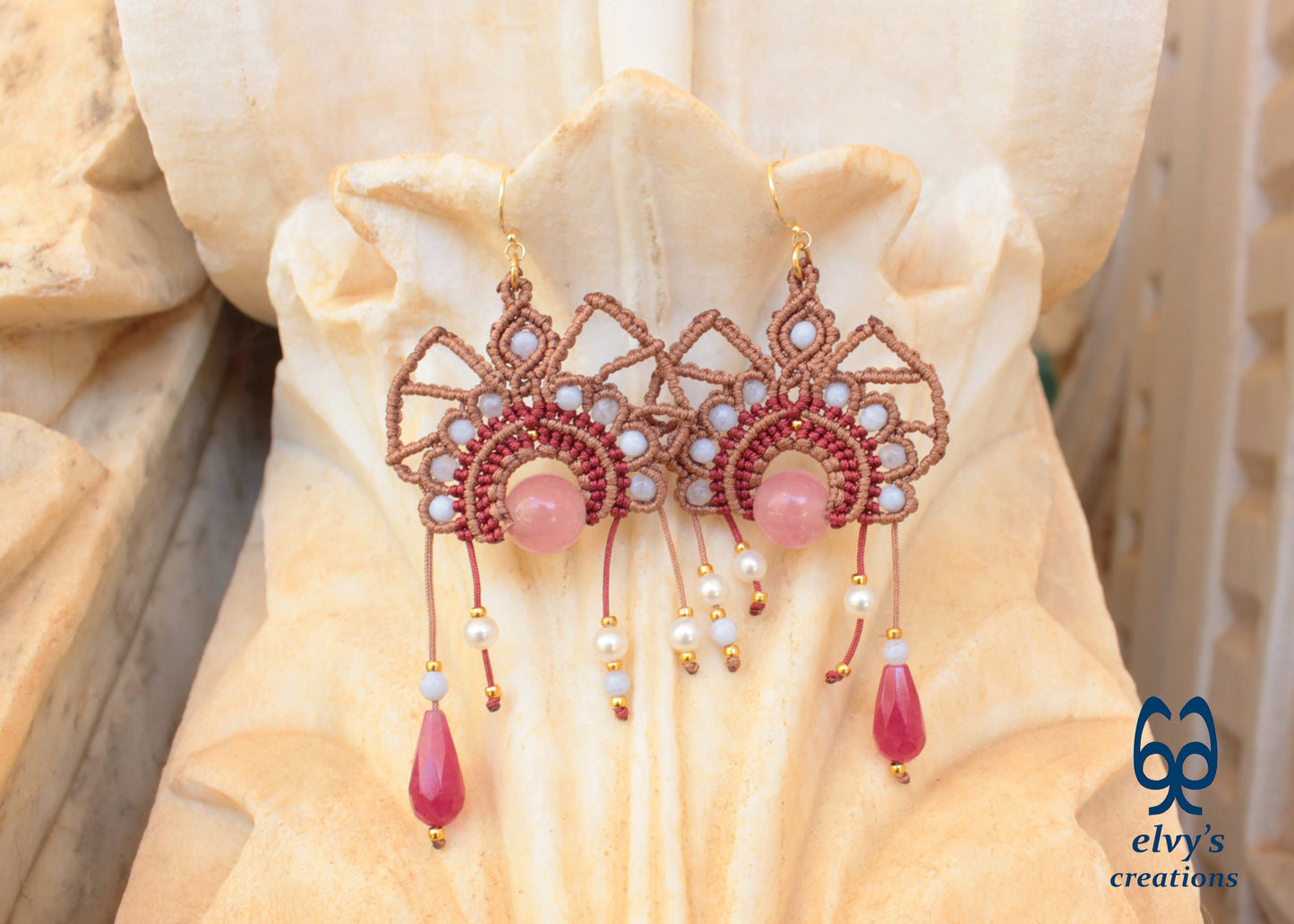 Handmade Beige Macrame Silver Earrings with Purple Chalcedony and Pearls