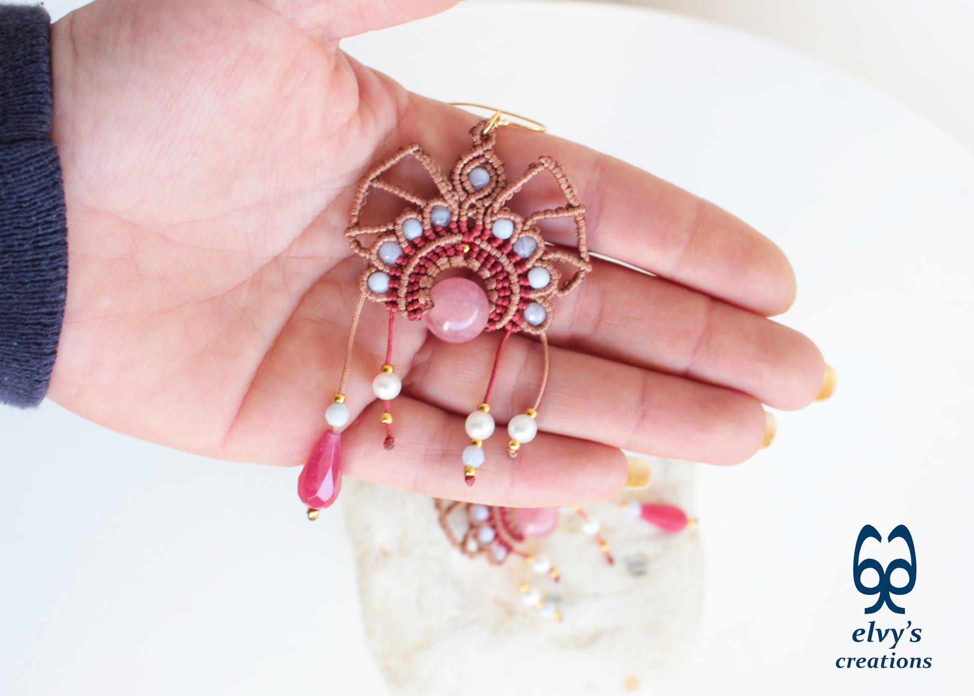 Handmade Beige Macrame Silver Earrings with Purple Chalcedony and Pearls