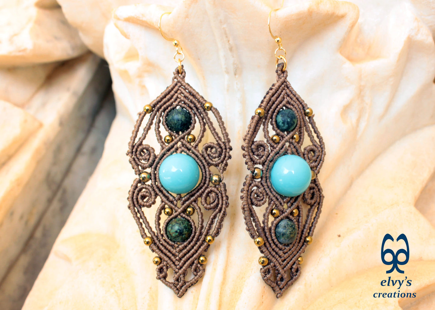 Rusty Gold Macrame Earrings with Turquoise Gemstones