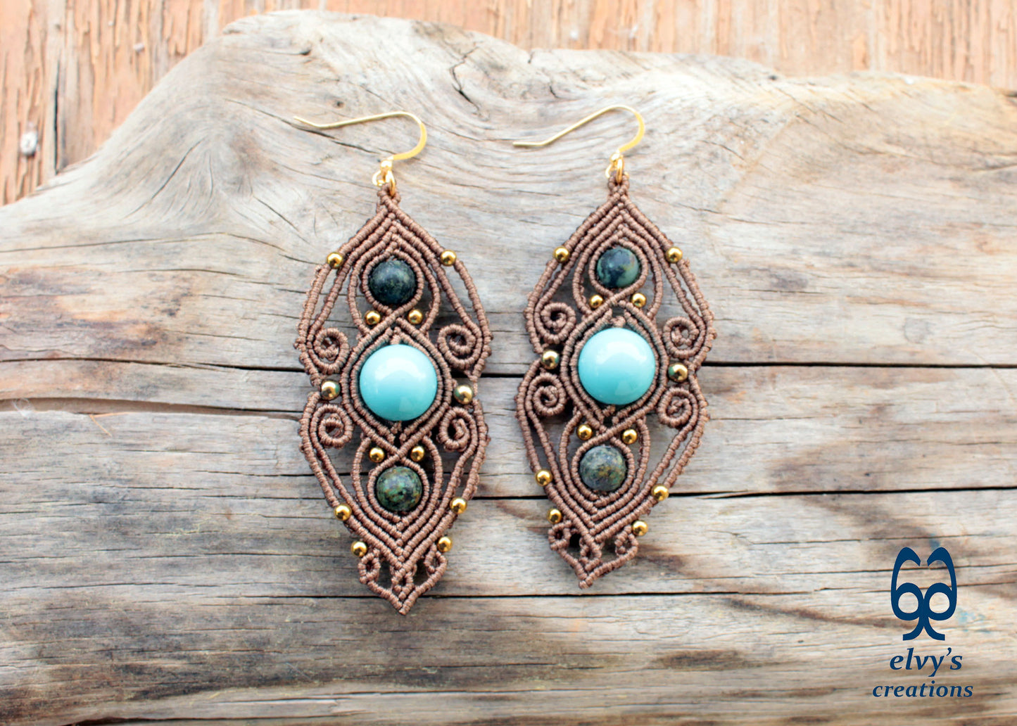 Rusty Gold Macrame Earrings with Turquoise Gemstones