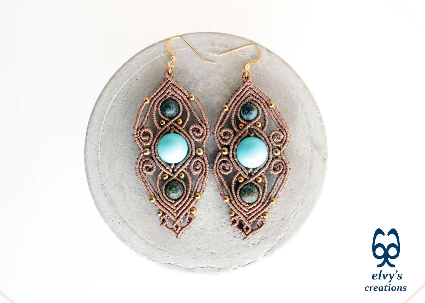 Rusty Gold Macrame Earrings with Turquoise Gemstones